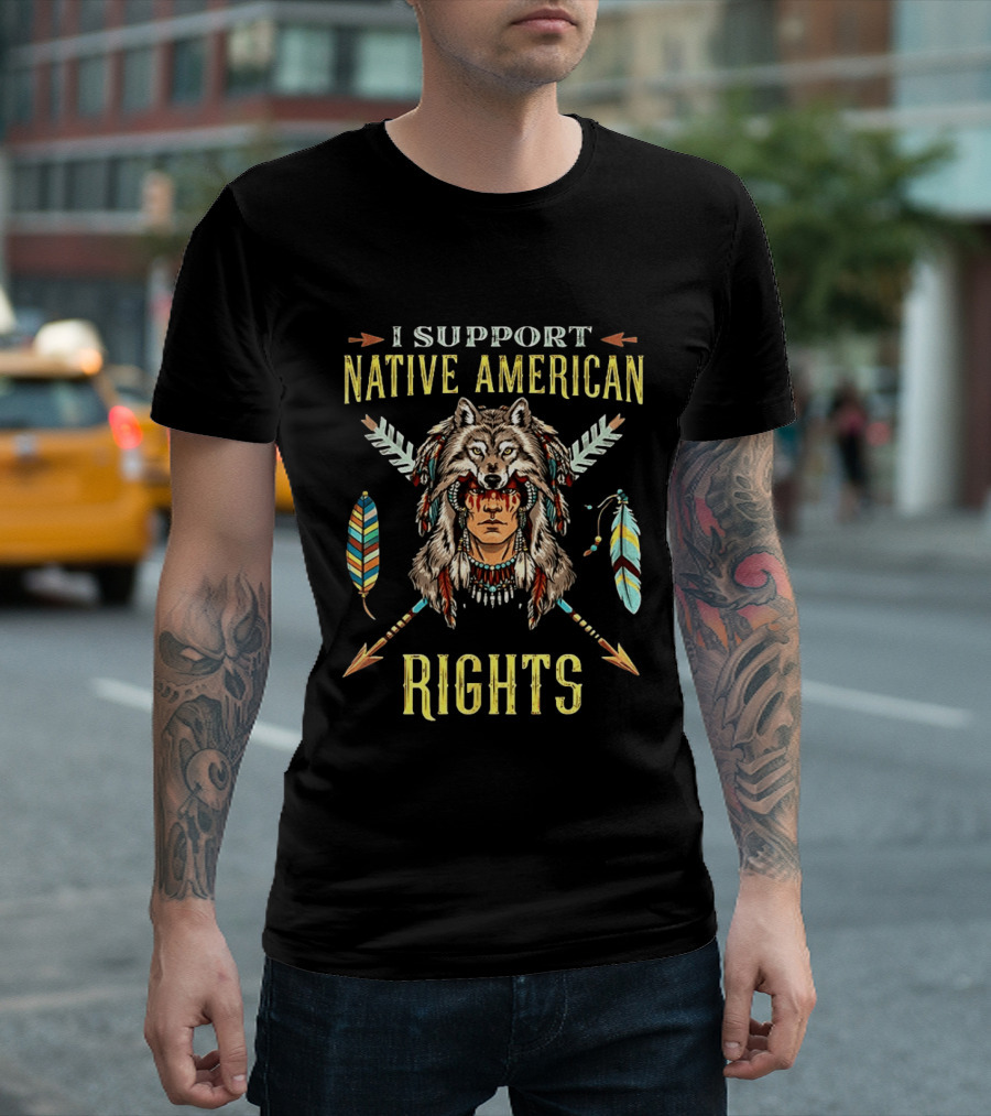 I Support Native American Rights Wolf Headdress Feathers Arrows T-Shirt