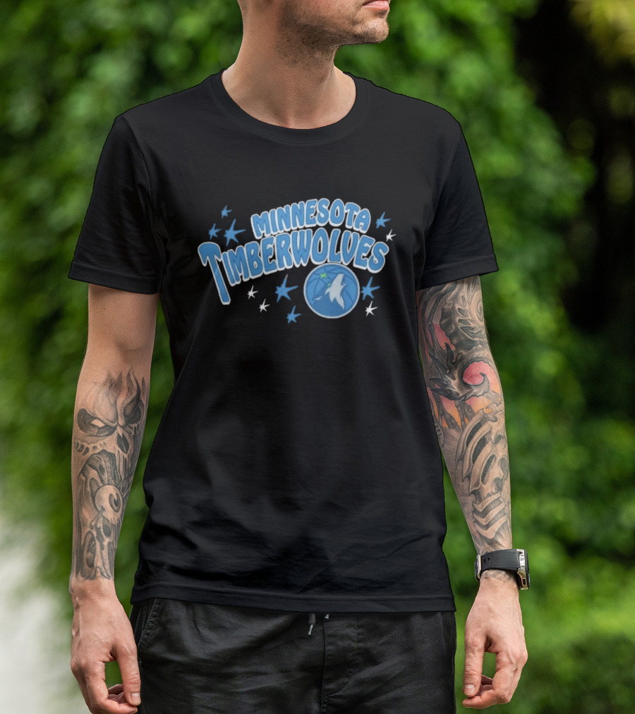 Minnesota Timberwolves Starter Black Fireworks Starry Blue Basketball Wolf T-Shirt