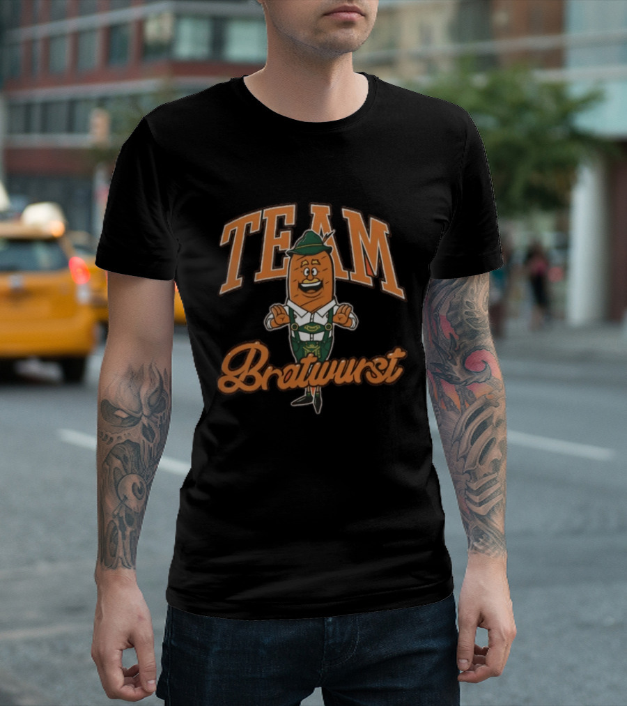 Team Bratwurst Burnt Orange Oktoberfest Character Lederhosen T-Shirt
