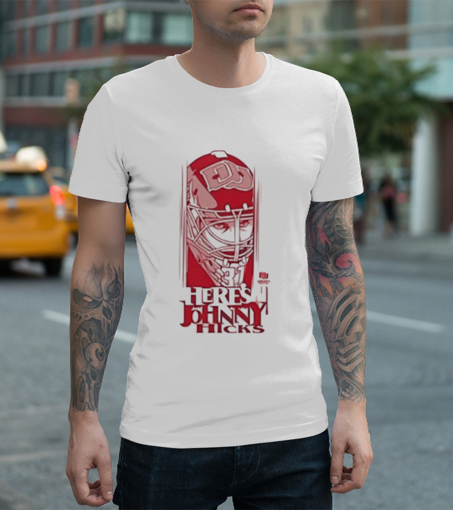 Here's Johnny Hicks Denver Pioneers Men's Ice Hockey Mask DJ T-Shirt
