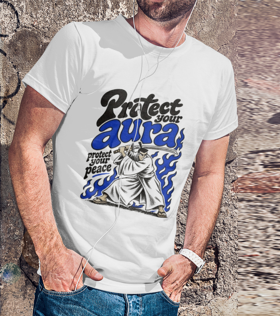 Protect Your Aura Samurai Protect Your Peace Blue Flames T-Shirt