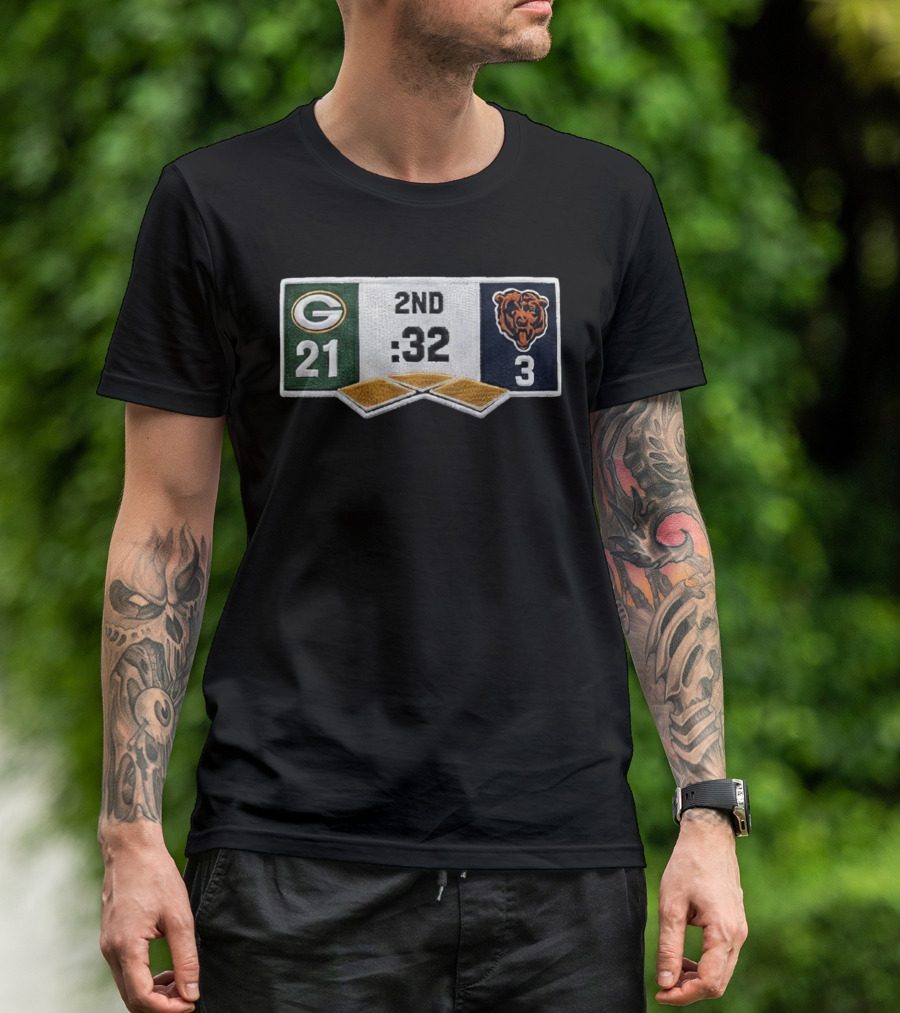 Packers 21 Bears 3 Second Quarter Scoreboard Patch T-Shirt