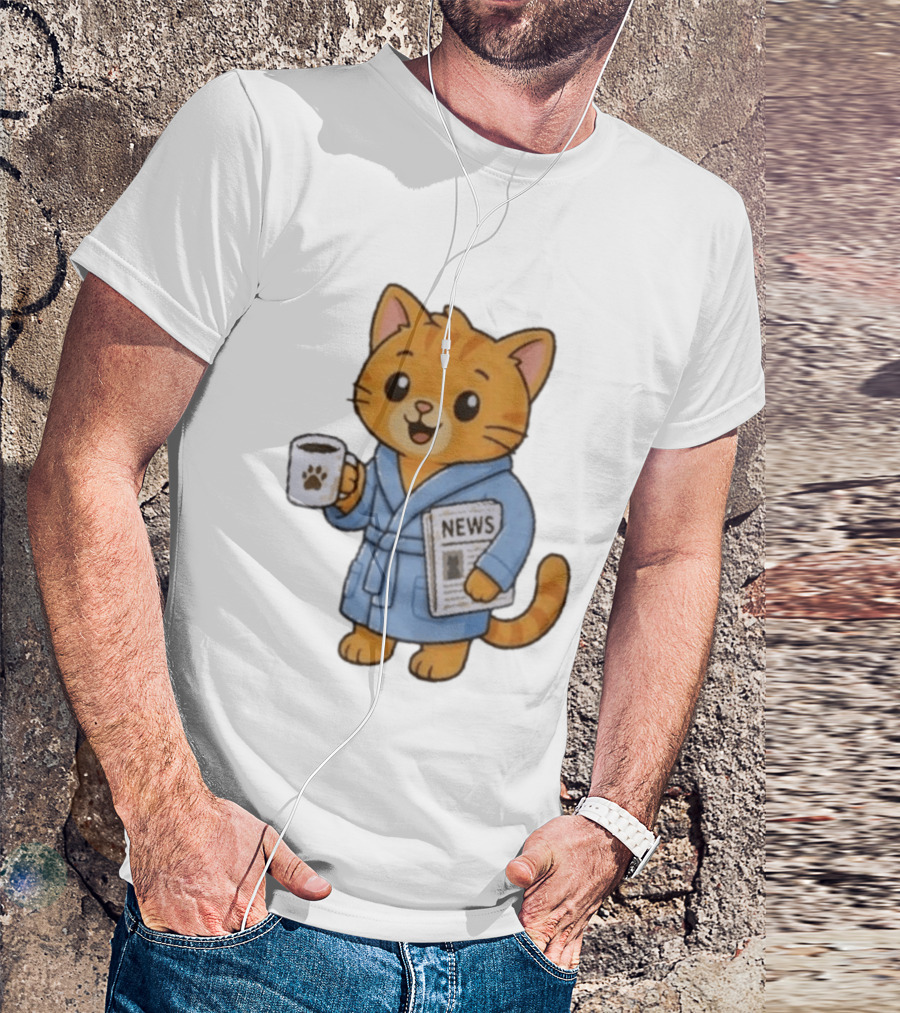 Cat In Bathrobe With Coffee And Newspaper T-Shirt