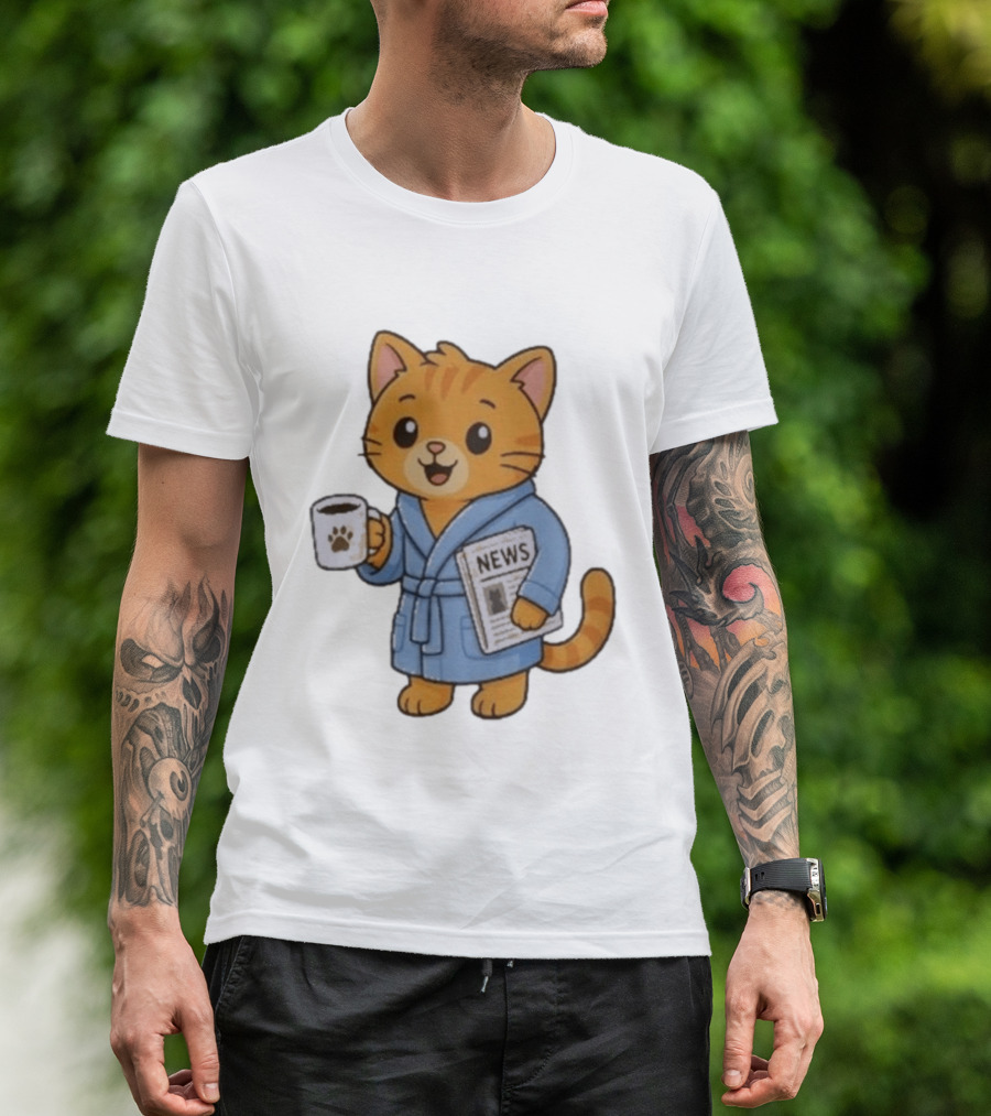 Cat In Bathrobe With Coffee And Newspaper T-Shirt
