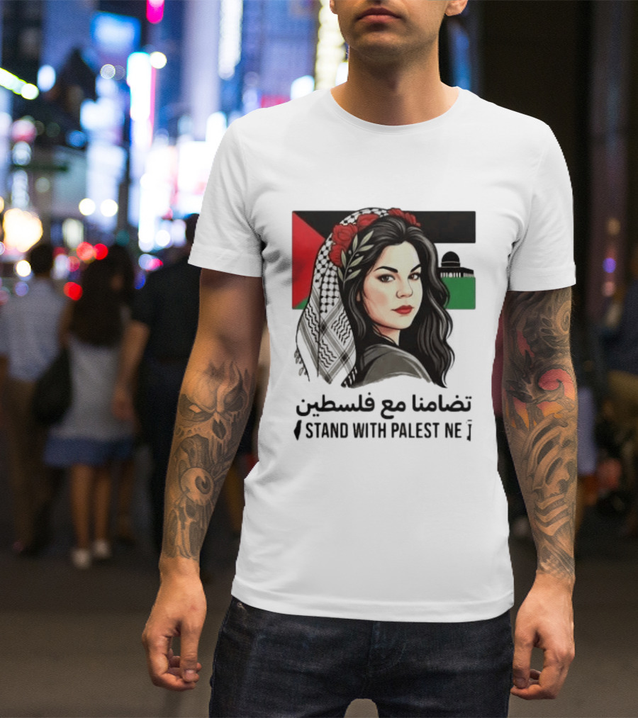 Stand With Palestine Women تضامنًا مع فلسطين Iconic Figure With Traditional Scarf And Flag T-Shirt