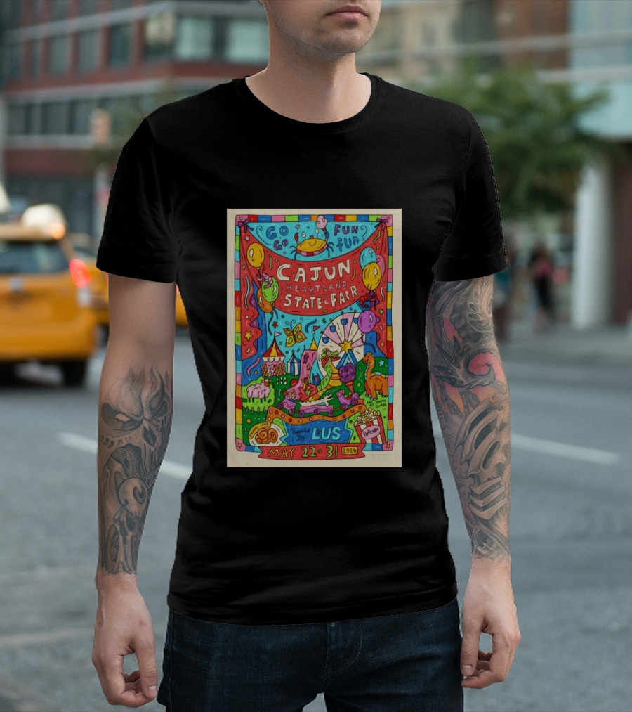 Cajun Heartland State Fair 2026 Go Go Fun May 22 31 LUS Popcorn Dinosaur T-Shirt