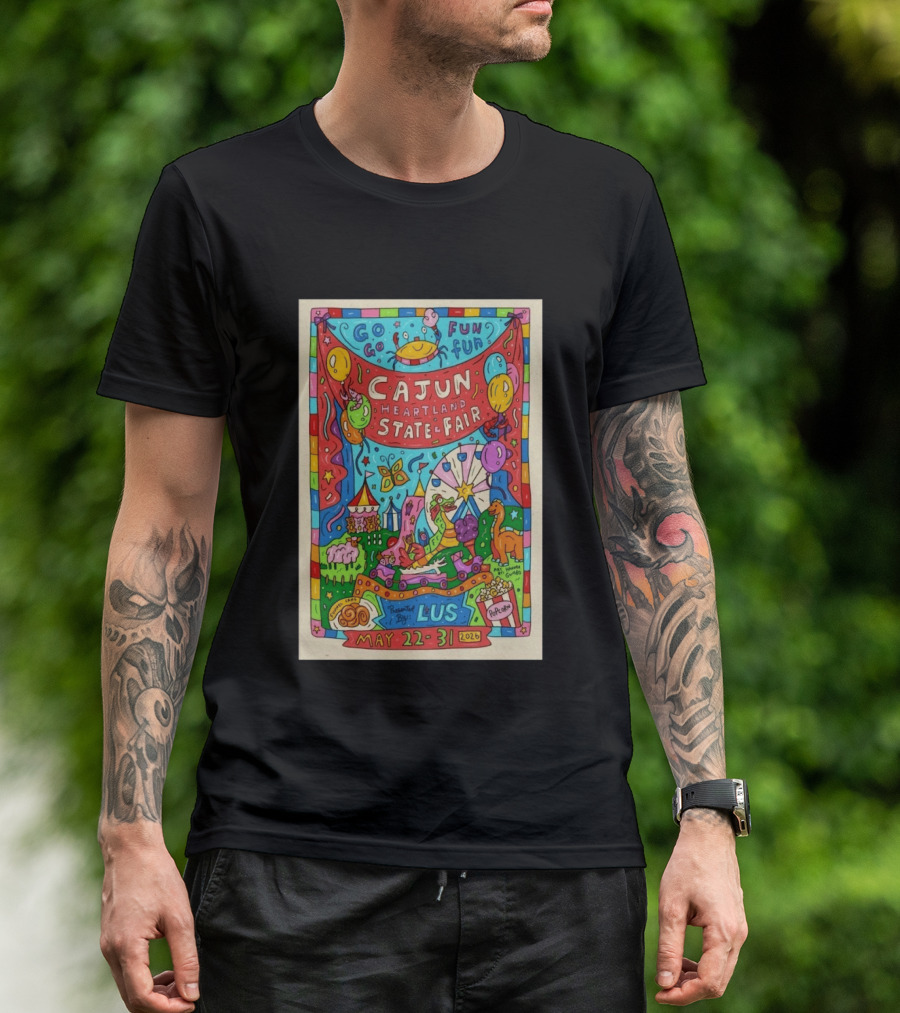Cajun Heartland State Fair 2026 Go Go Fun May 22 31 LUS Popcorn Dinosaur T-Shirt