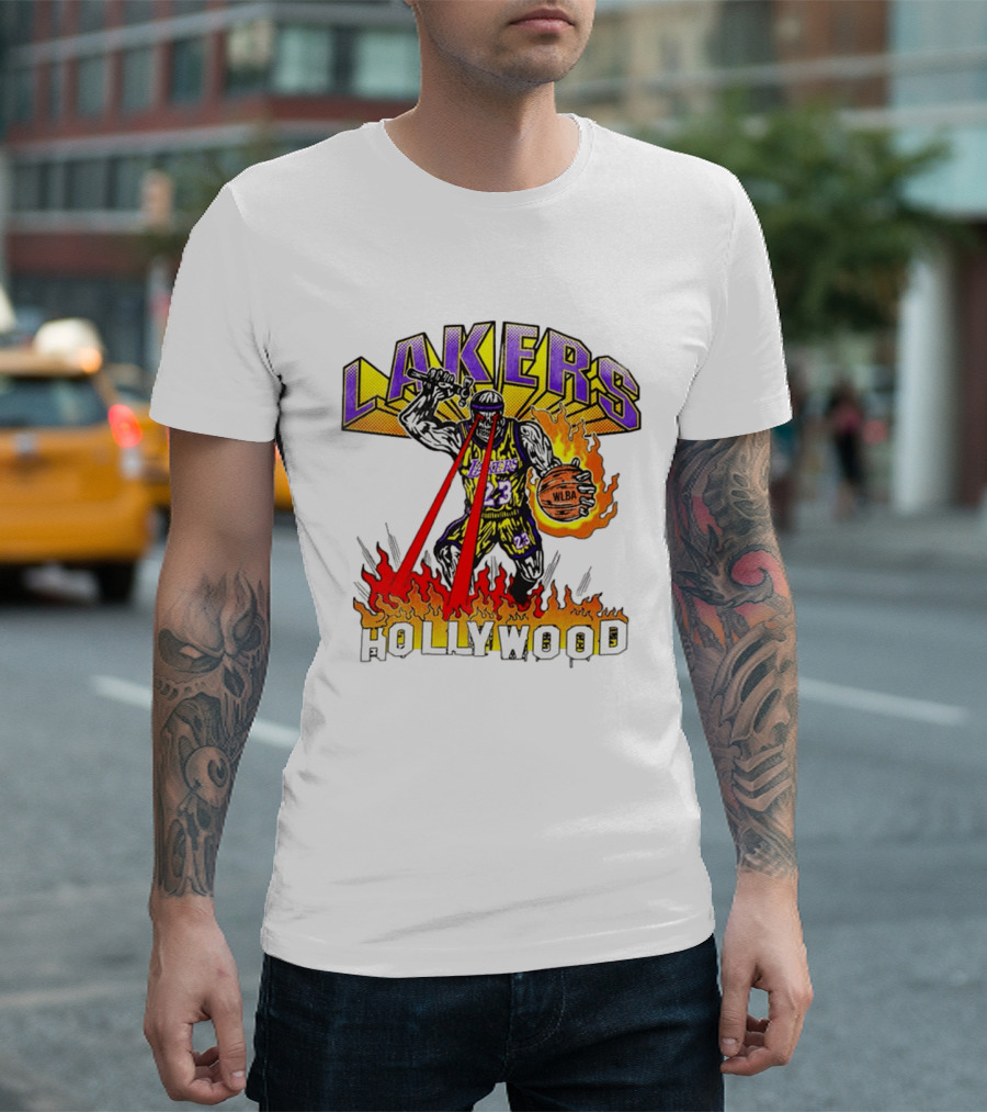 Rare Warren Lotas Los Angeles Lakers Hollywood Basketball Player Flames Laser Eyes 23 Team T-Shirt