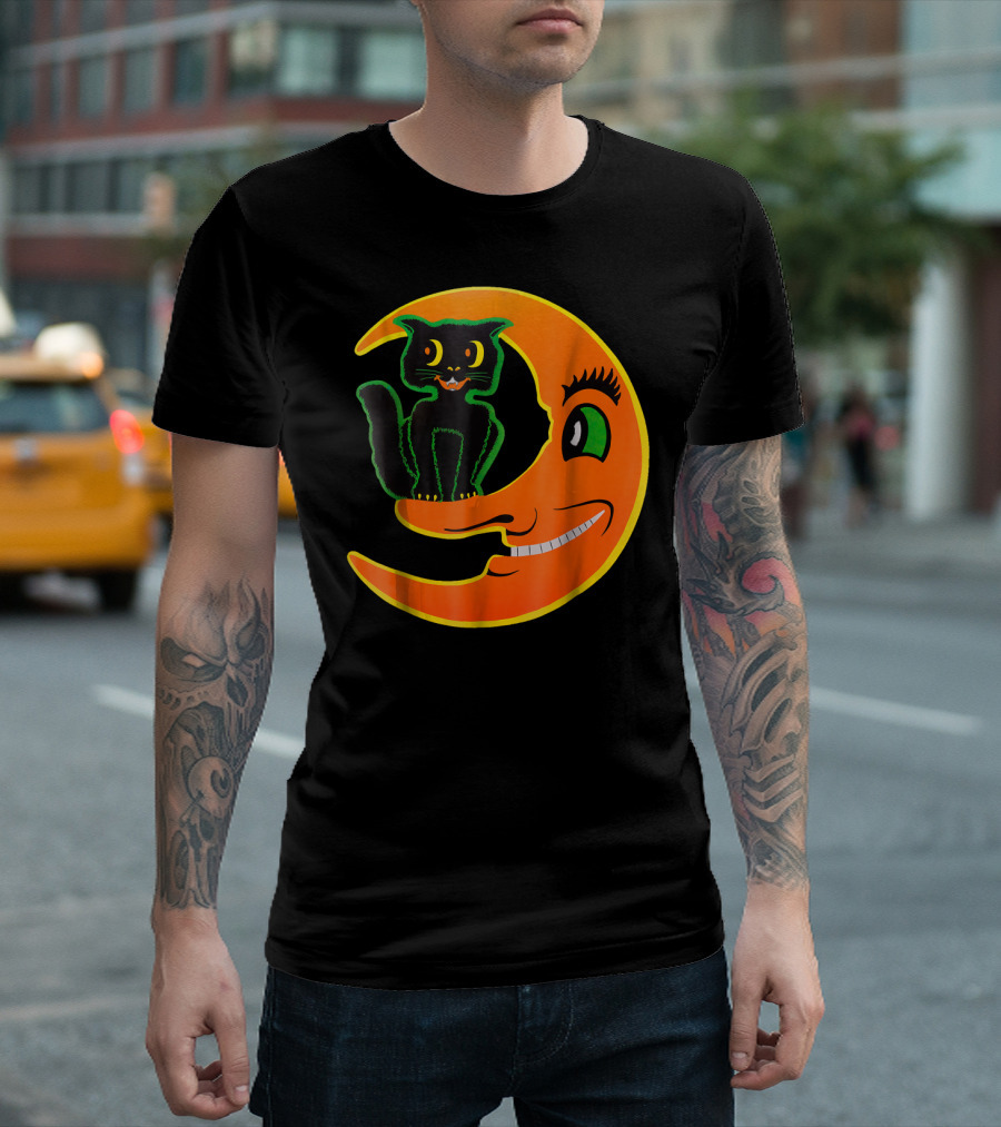 Funny Halloween Cat on Smiling Moon T-Shirt