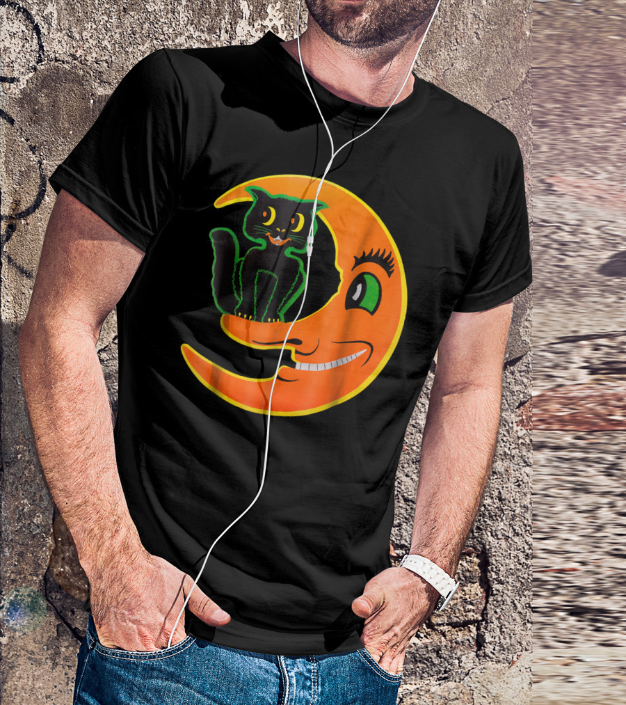 Funny Halloween Cat On Smiling Moon T-Shirt
