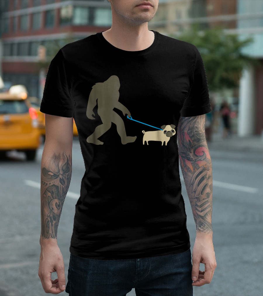 Bigfoot Walking Pug Funny Cute Sasquatch Dog Leash T-Shirt