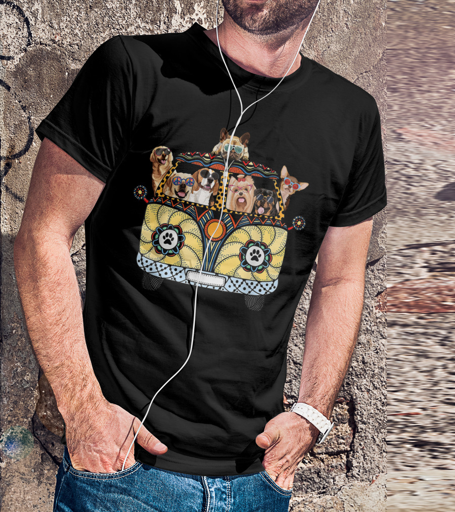 Hippie Van With Dogs And Sunglasses Peace Love Summer Vibes T-Shirt