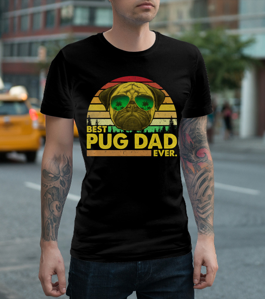 Best Pug Dad Ever Sunglasses Vintage Sunset T-Shirt