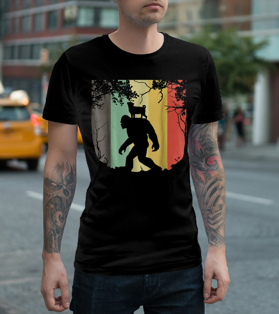 Pug Riding Bigfoot Vintage Retro Sunset Stripes T-Shirt
