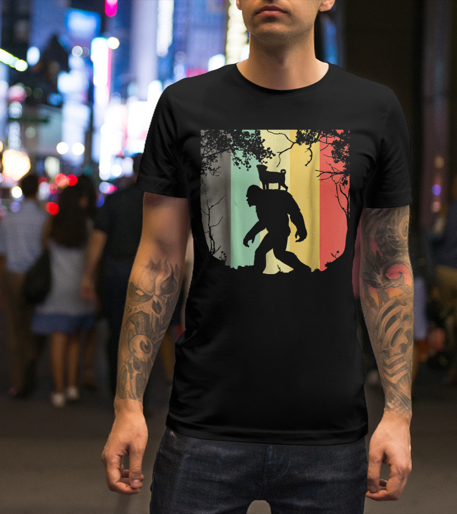 Pug Riding Bigfoot Vintage Retro Sunset Stripes T-Shirt