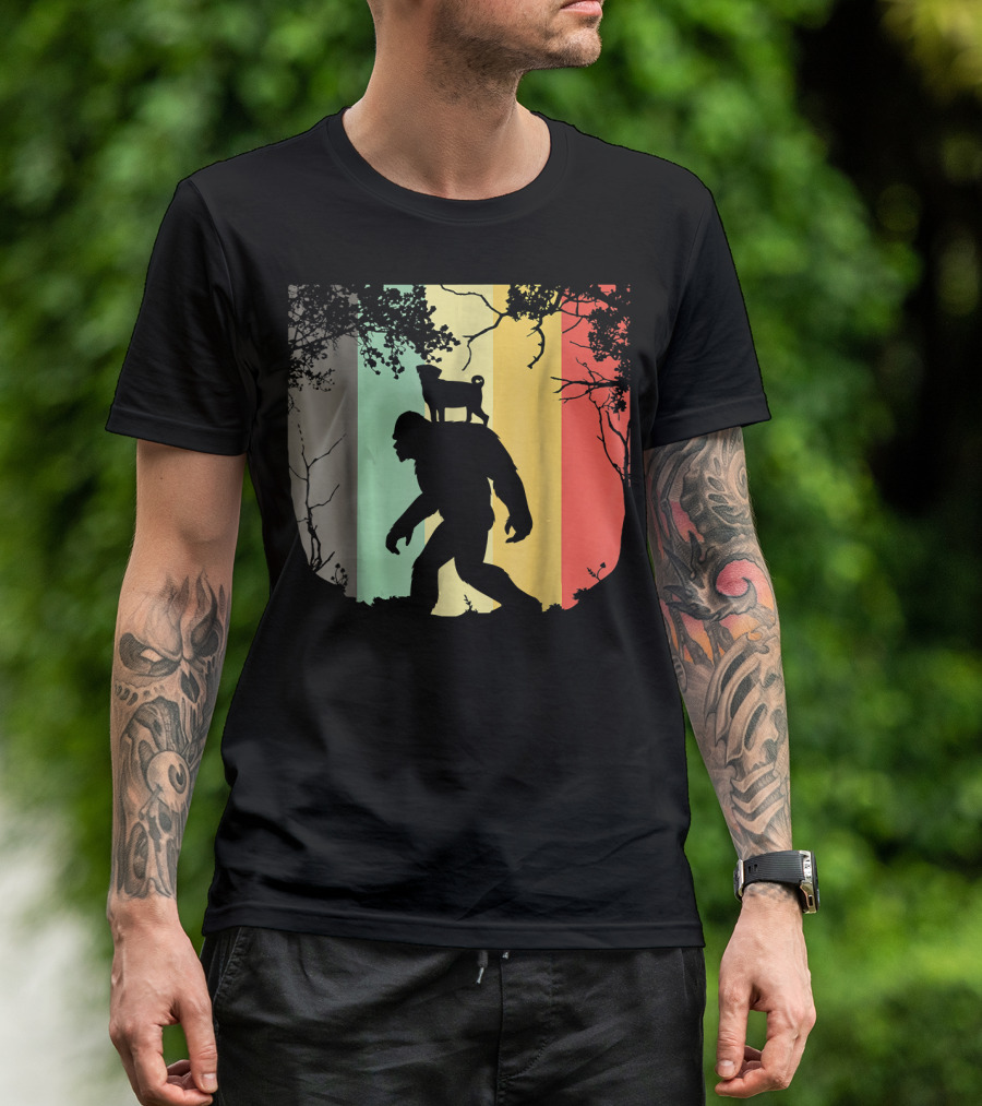 Pug Riding Bigfoot Vintage Retro Sunset Stripes T-Shirt