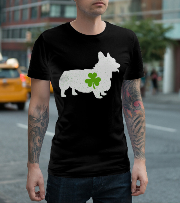 Corgi Silhouette With Green Clover Irish T-Shirt