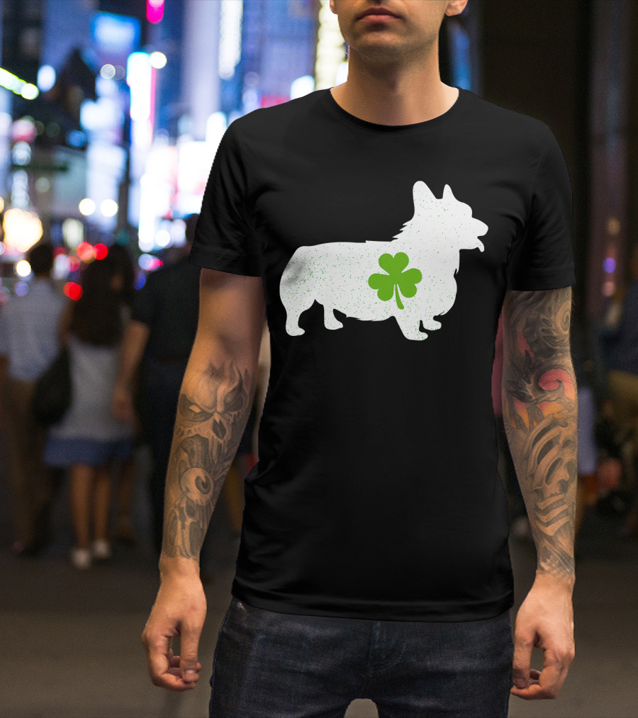 Corgi Silhouette With Green Clover Irish T-Shirt