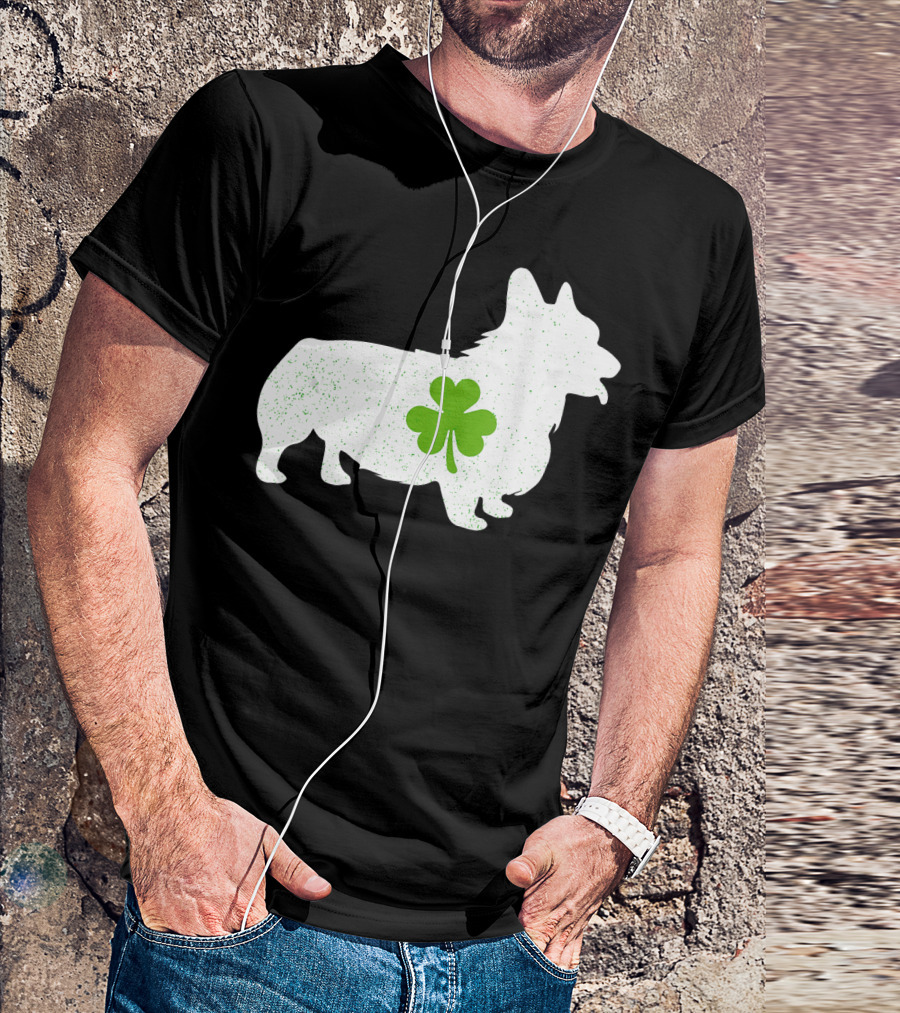 Corgi Silhouette With Green Clover Irish T-Shirt