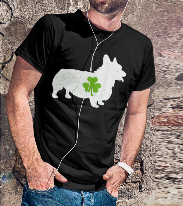 Corgi Silhouette With Green Clover Irish T-Shirt
