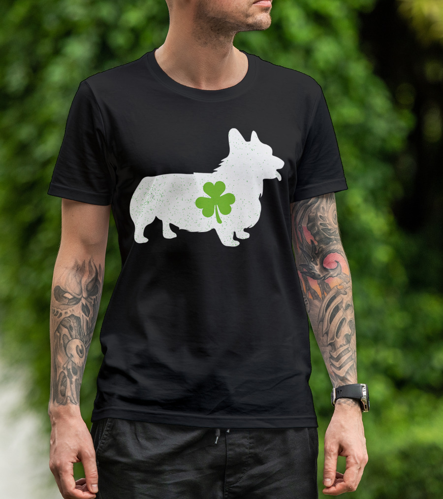 Corgi Silhouette With Green Clover Irish T-Shirt