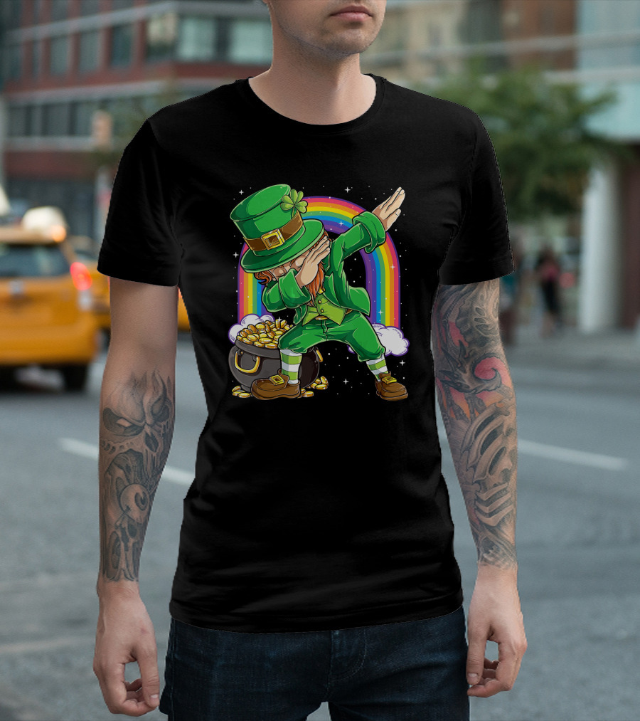 Dabbing Leprechaun St Patricks Day Boys Dab with Pot of Gold and Rainbow T-Shirt