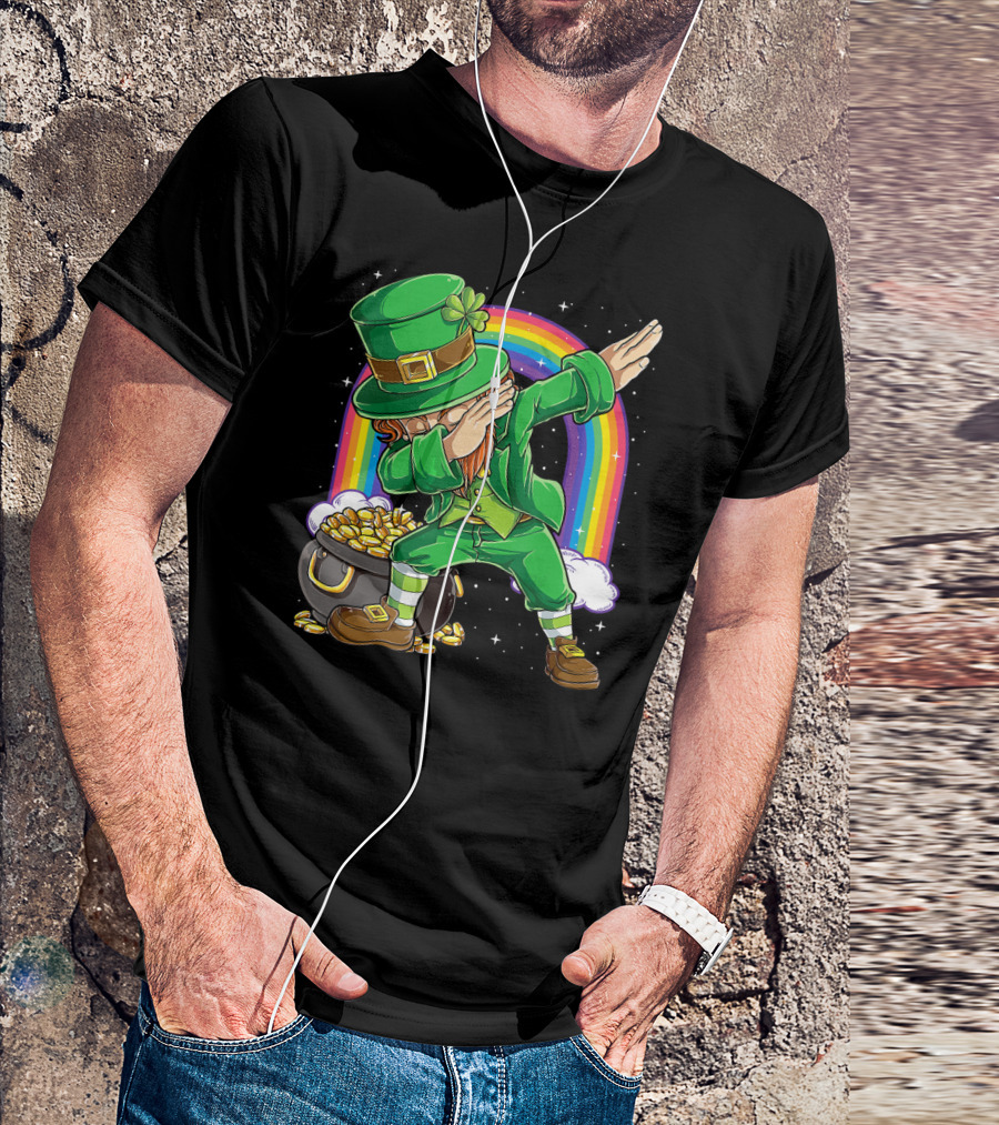 Dabbing Leprechaun St Patricks Day Boys Dab With Pot Of Gold And Rainbow T-Shirt