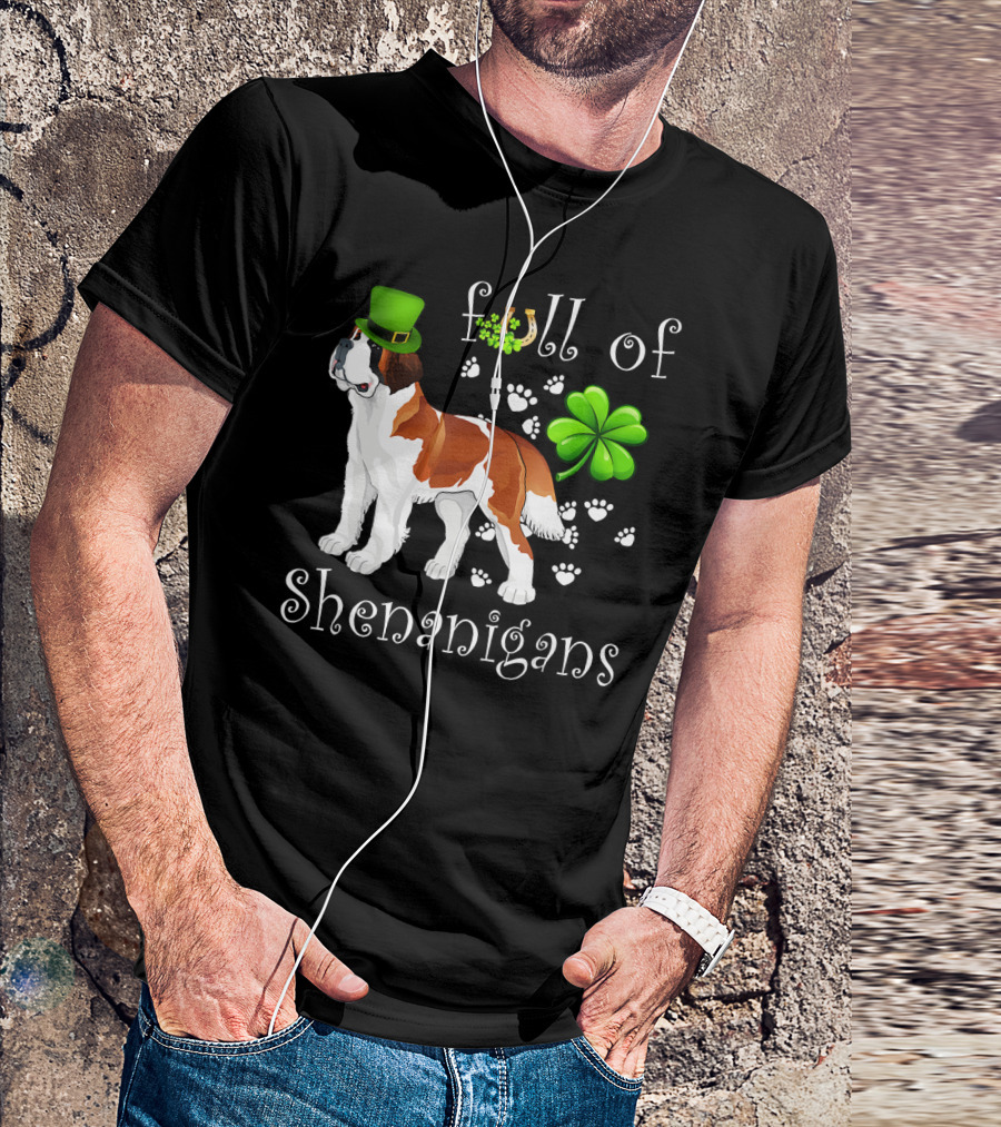 Full Of Shenanigans St Bernard Dog With Shamrock Hat And Paw Prints T-Shirt