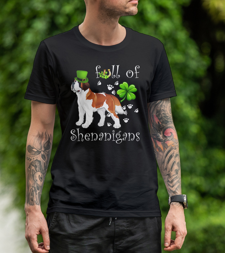 Full Of Shenanigans St Bernard Dog With Shamrock Hat And Paw Prints T-Shirt