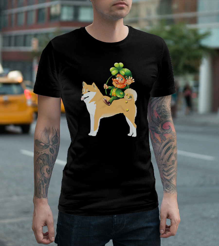 Leprechaun on Shiba Inu with Shamrock Rider T-Shirt