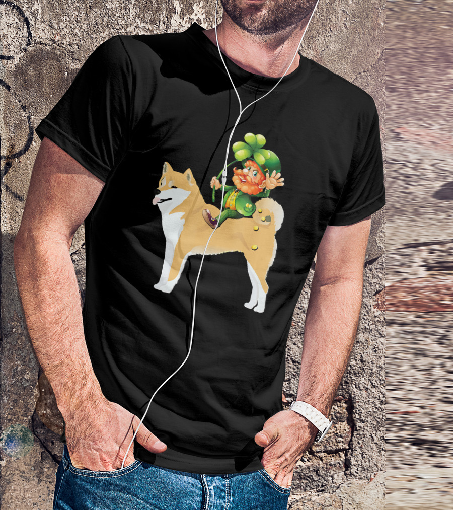 Leprechaun On Shiba Inu With Shamrock Rider T-Shirt
