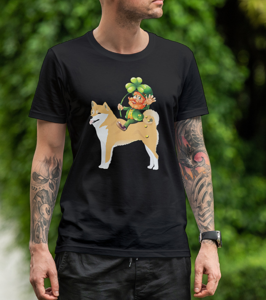 Leprechaun On Shiba Inu With Shamrock Rider T-Shirt