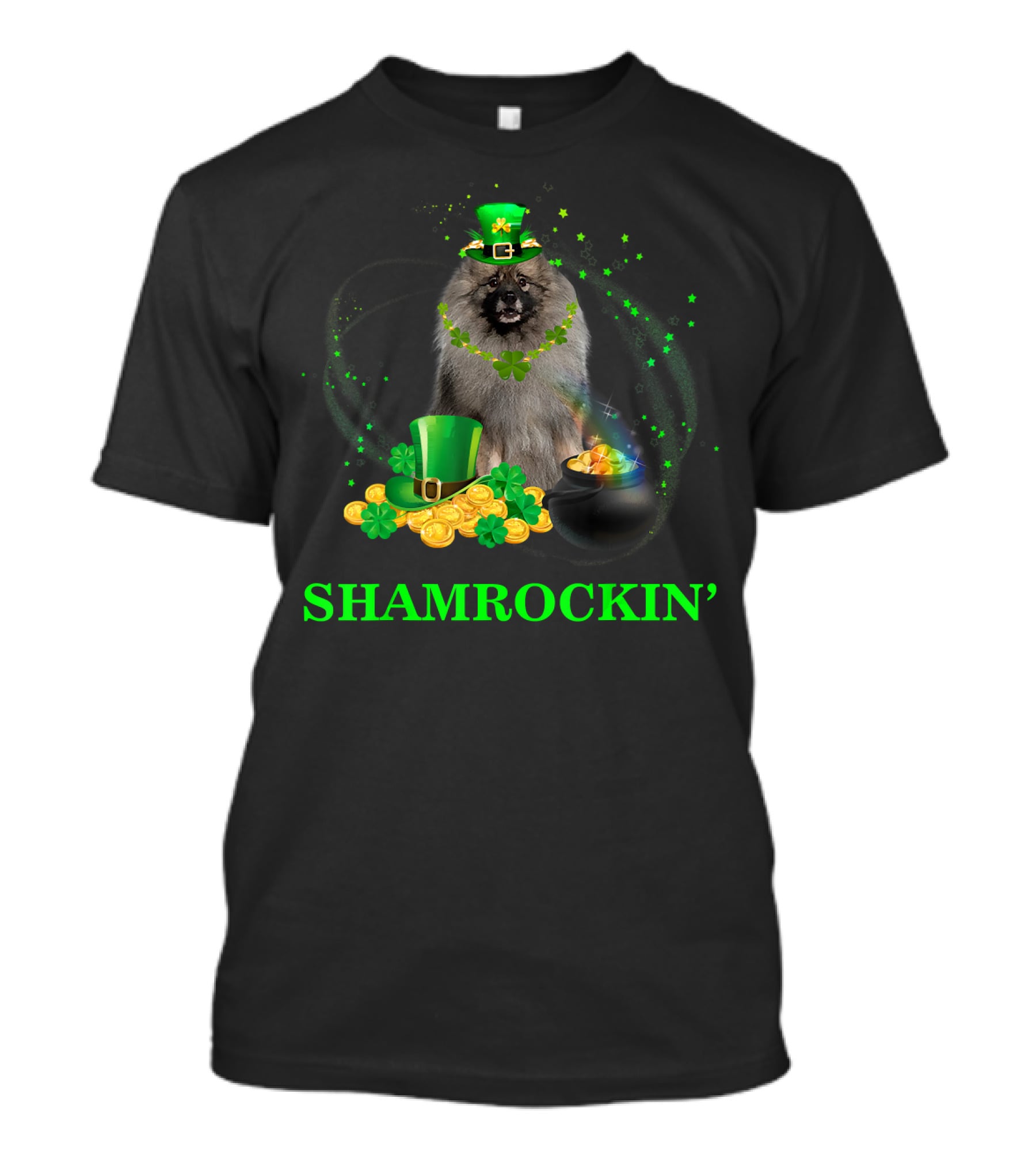 Shamrockin Keeshond St Patricks Day Dog With Green Hat And Gold Coins T-Shirt