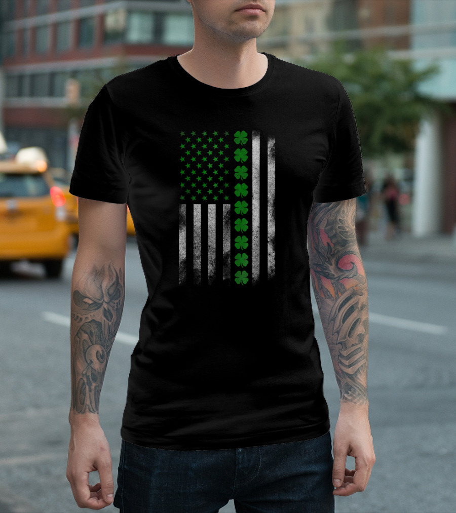 St. Patricks Day Green Clover Irish American Flag T-Shirt