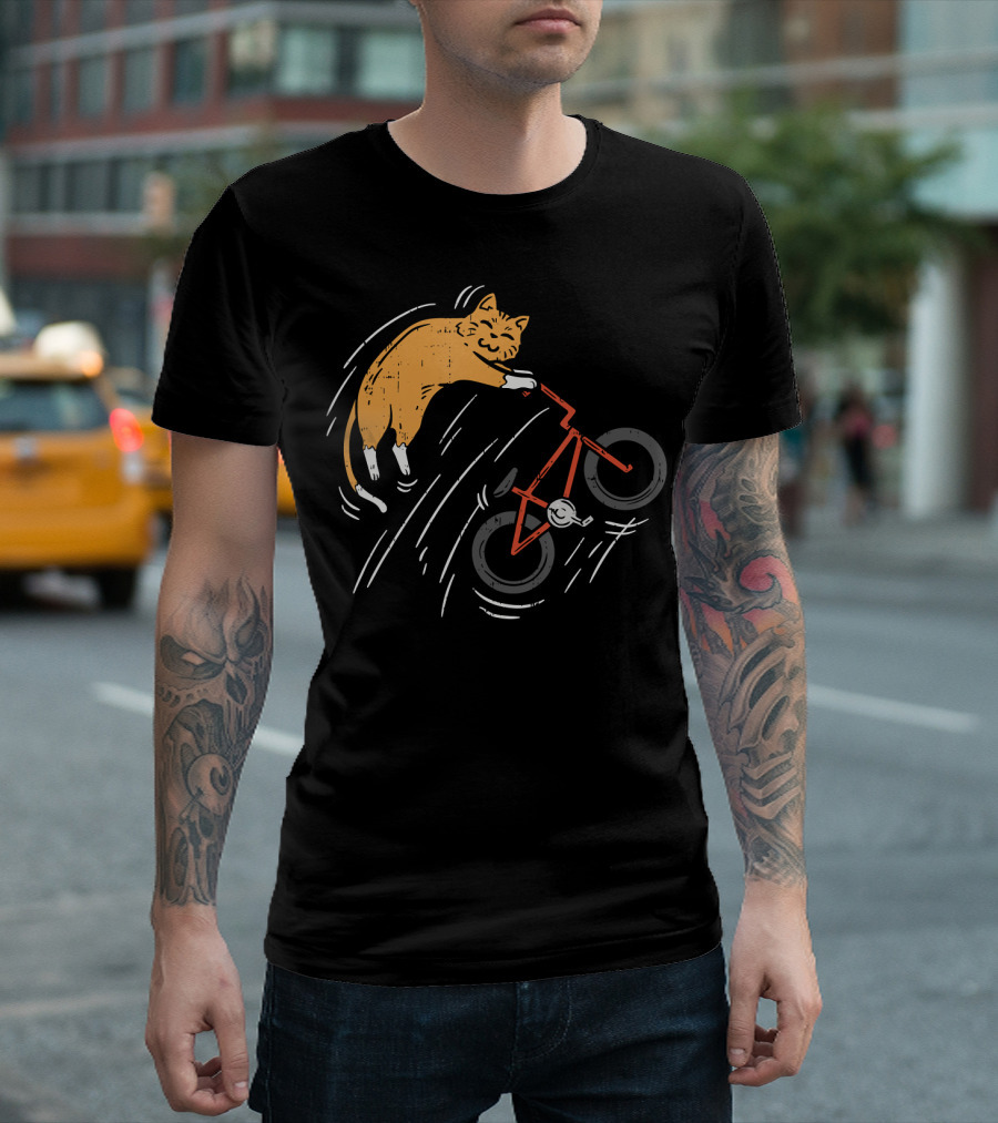 Orange Cat Riding Bicycle In Motion T-Shirt