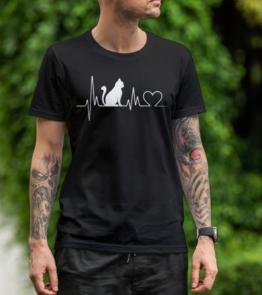 Cat Heartbeat With Heart Outline And Cat T-Shirt
