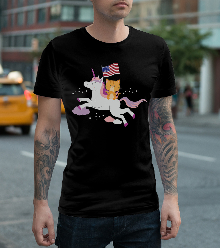 Unicorn Cat 4th Of July Independence Day USA Flag T-Shirt