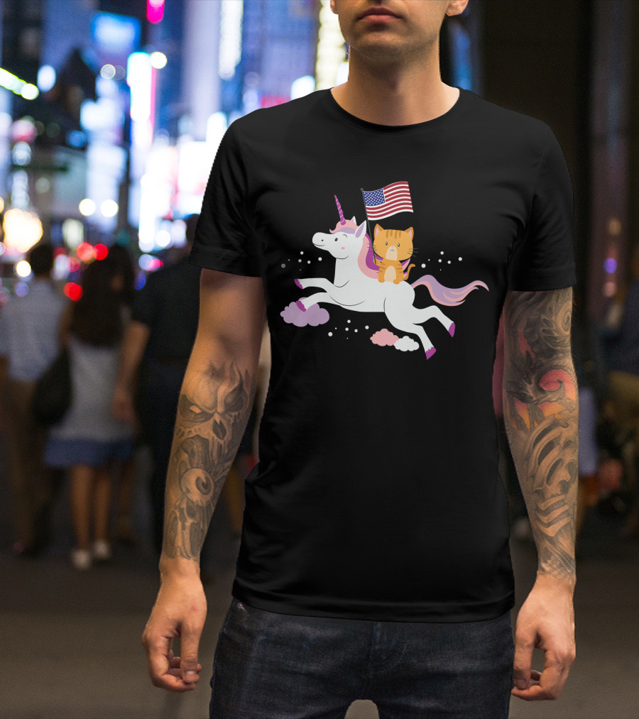 Unicorn Cat 4th Of July Independence Day USA Flag T-Shirt