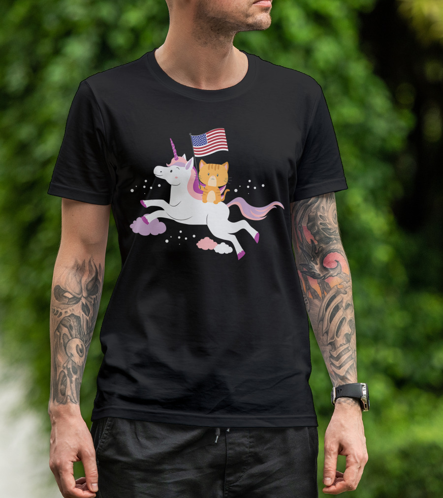 Unicorn Cat 4th Of July Independence Day USA Flag T-Shirt
