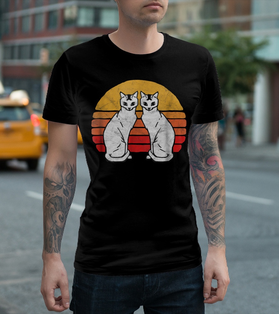 Vintage Eighties Style Twin Siamese Cats with Retro Sunset Stripes T-Shirt