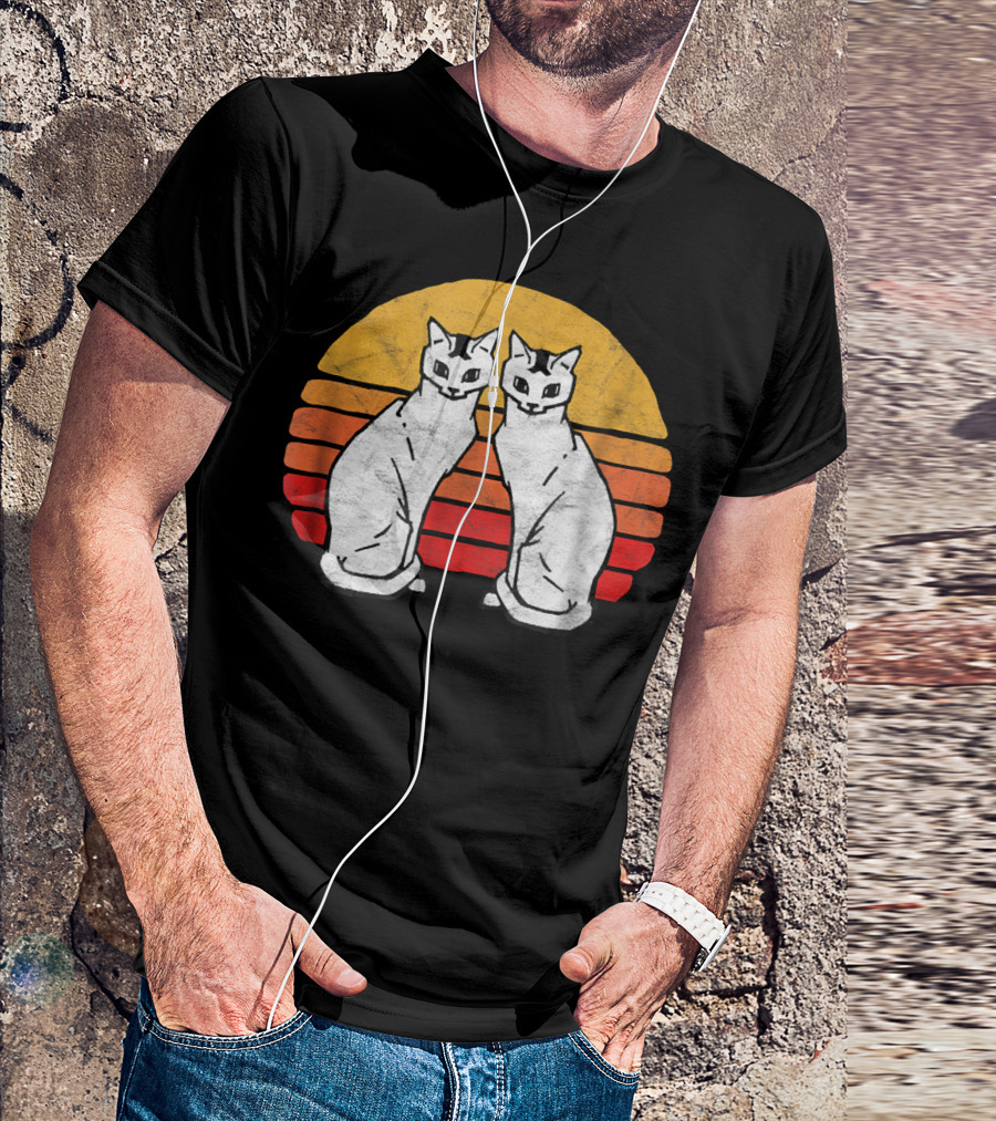 Vintage Eighties Style Twin Siamese Cats With Retro Sunset Stripes T-Shirt