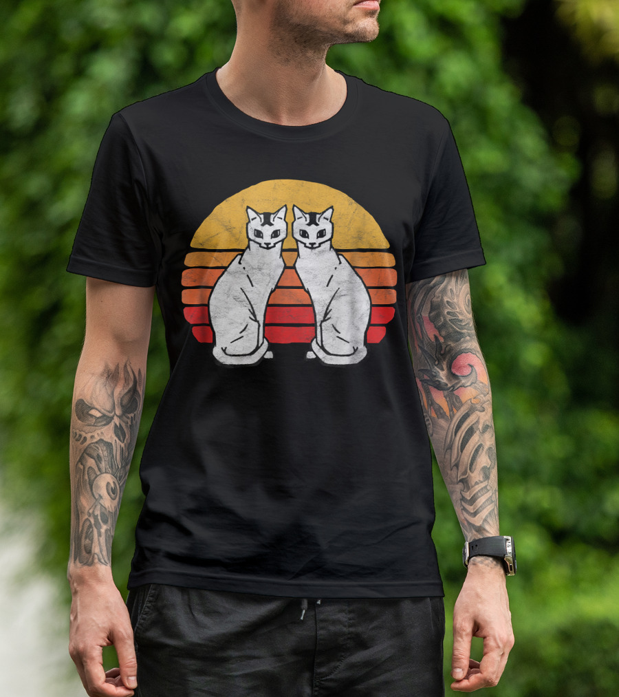 Vintage Eighties Style Twin Siamese Cats With Retro Sunset Stripes T-Shirt