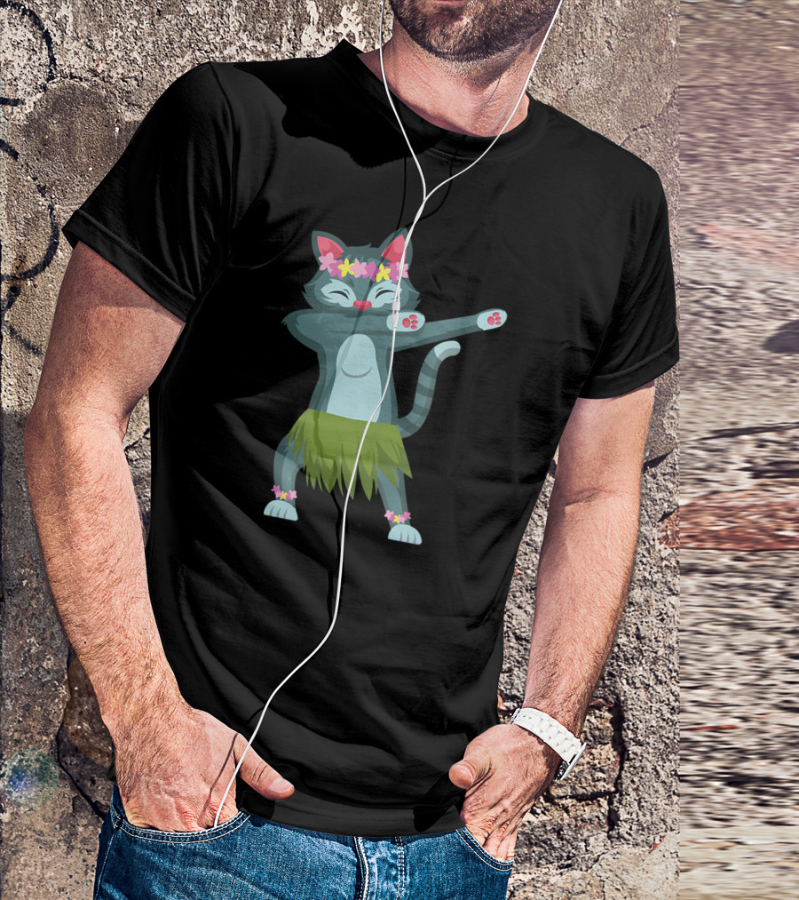 Aloha Cat Hawaiian Dance Mele Kalikimaka Hula Kitty With Floral Crown And Grass Skirt T-Shirt