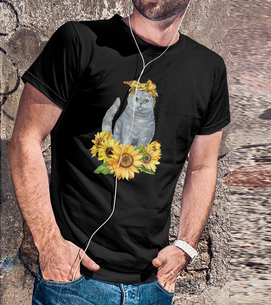 Hippie Cat With Sunflower Bandana And Sunflowers Cute Cat Lover T-Shirt