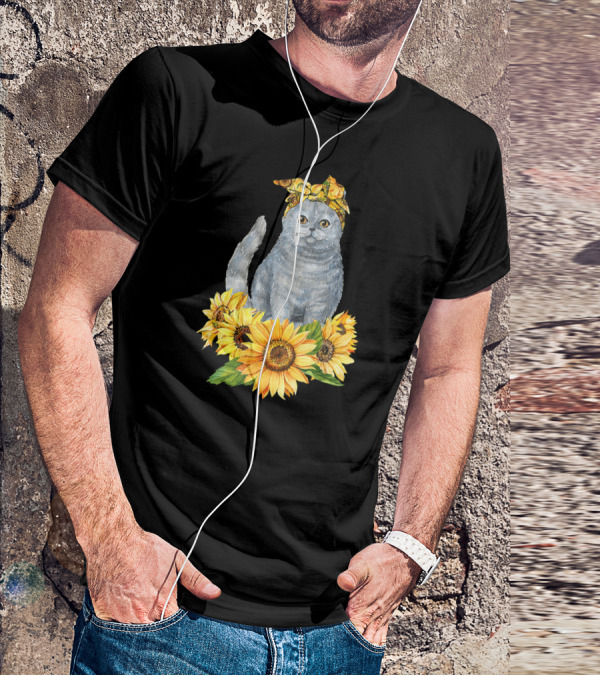 Hippie Cat With Sunflower Bandana And Sunflowers Cute Cat Lover T-Shirt