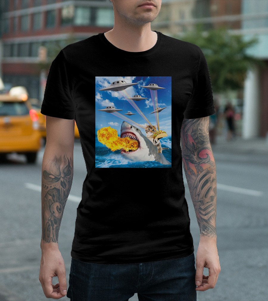 Cat Riding Fire Breathing Shark With UFO Rainbow Lasers And Taco T-Shirt