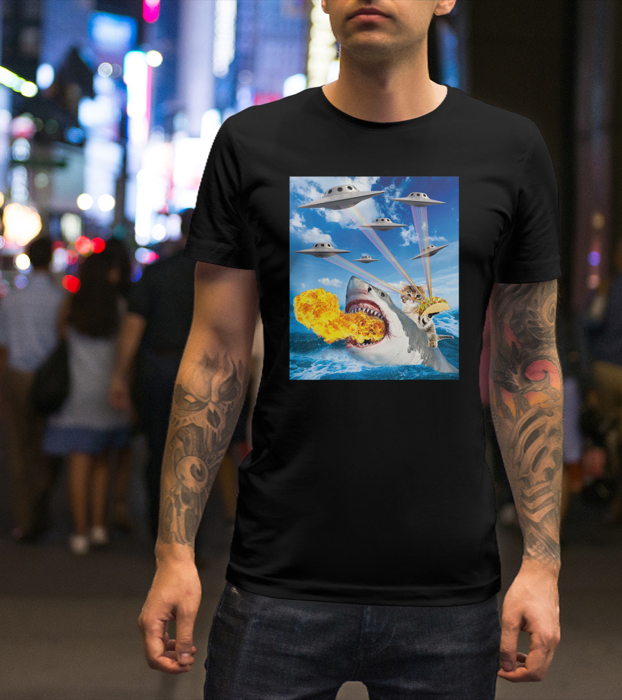 Cat Riding Fire Breathing Shark With UFO Rainbow Lasers And Taco T-Shirt