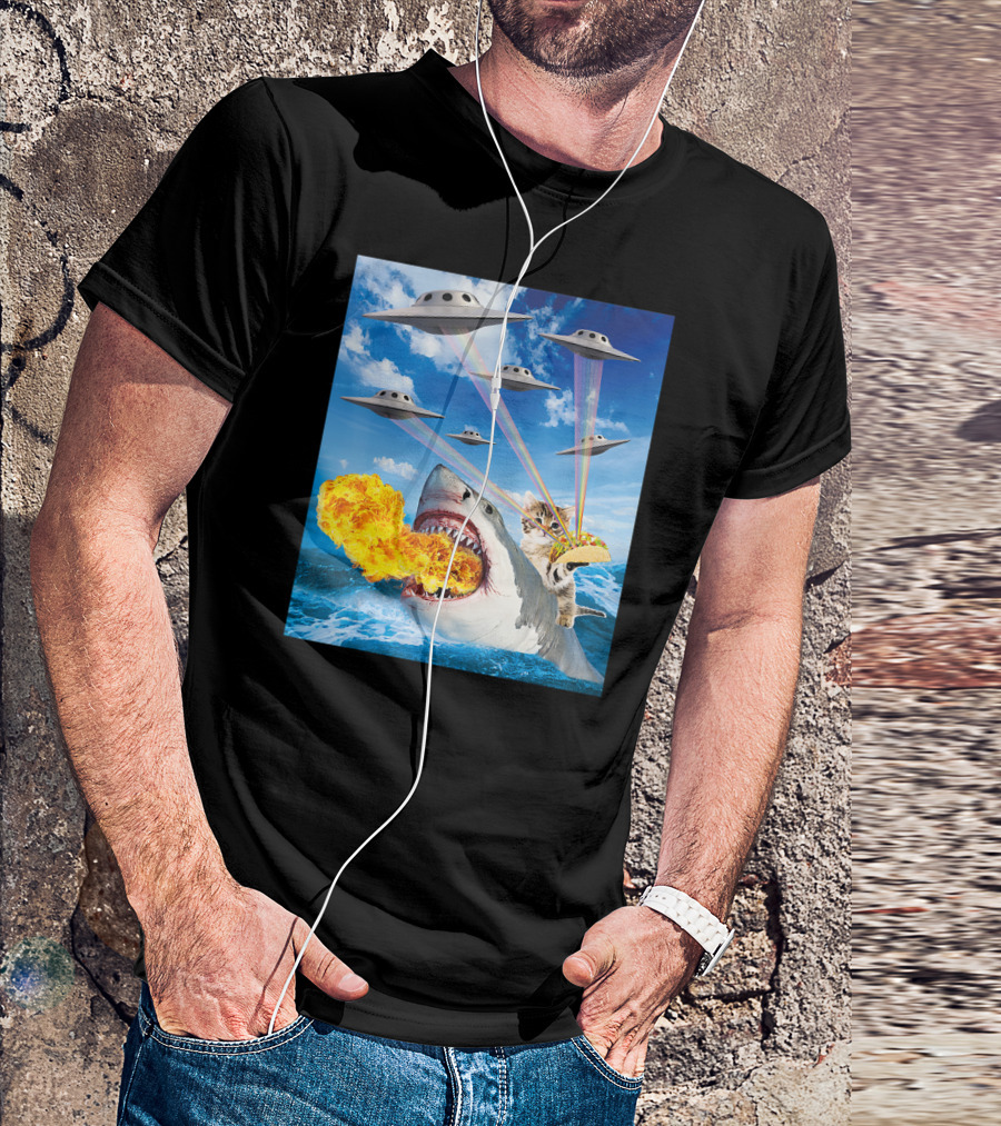 Cat Riding Fire Breathing Shark With UFO Rainbow Lasers And Taco T-Shirt