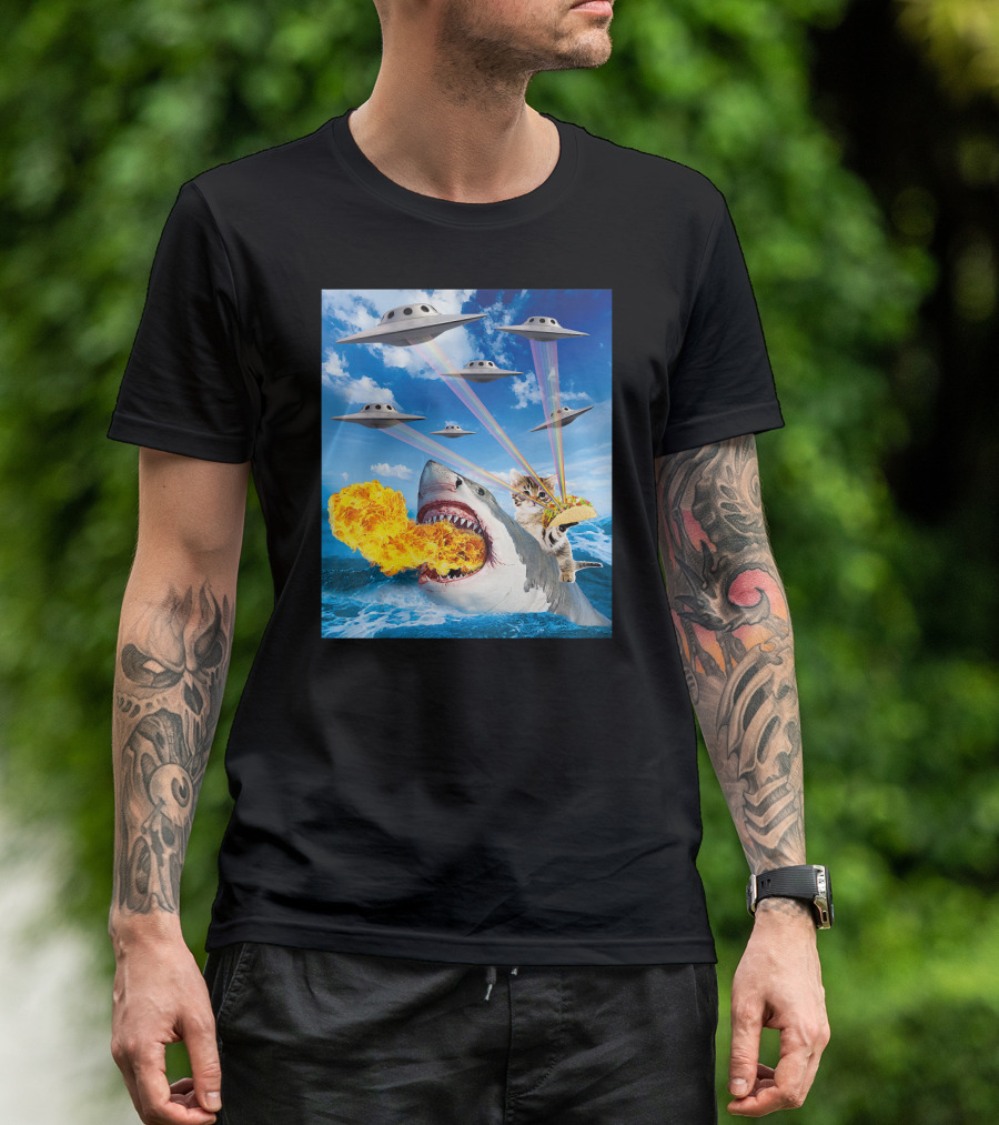Cat Riding Fire Breathing Shark With UFO Rainbow Lasers And Taco T-Shirt