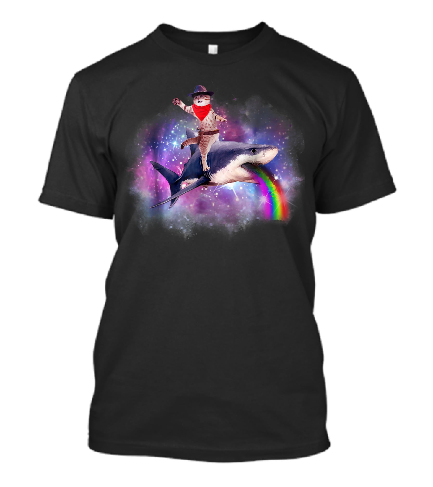 Space Cat Cowboy Riding Rainbow Shark In Galaxy T-Shirt